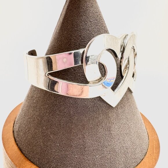 VTG Solid Sterling Silver 925 Heart Link Open Cuff Bracelet Size 7.5" Fit - Picture 2 of 14